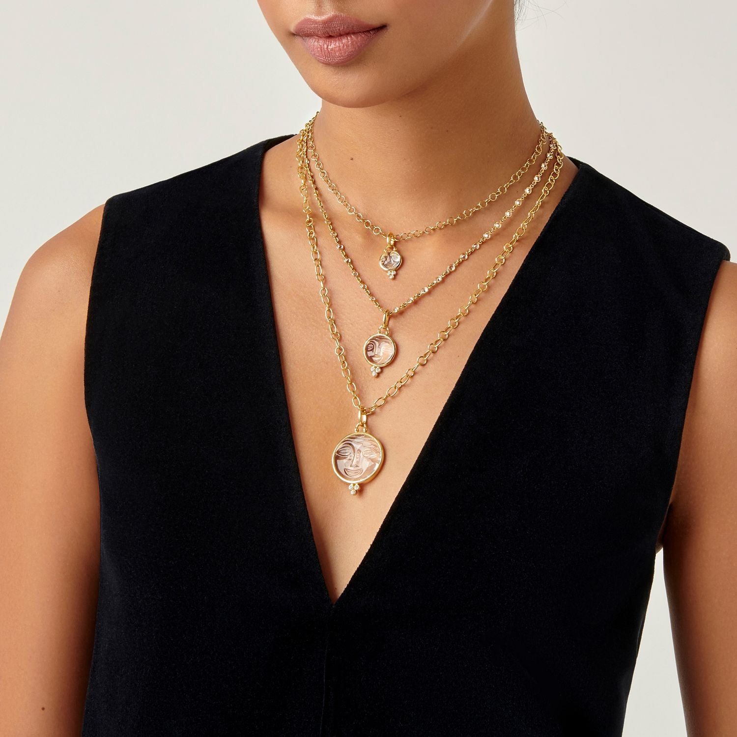 18K Yellow Gold Medium Carved Crystal Moonface Pendant with Diamonds