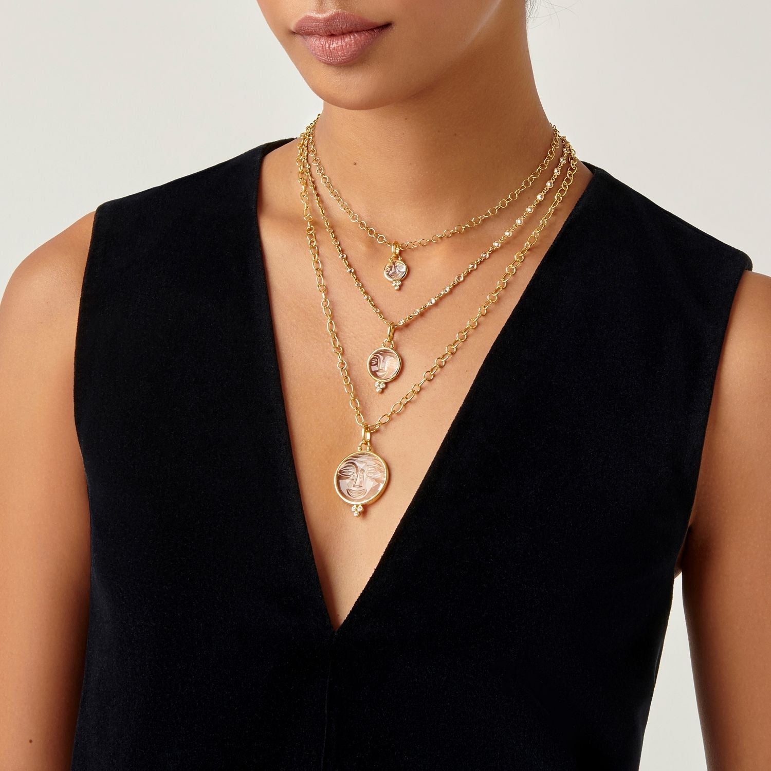 18K Yellow Gold Large Carved Crystal Moonface Pendant with Diamonds