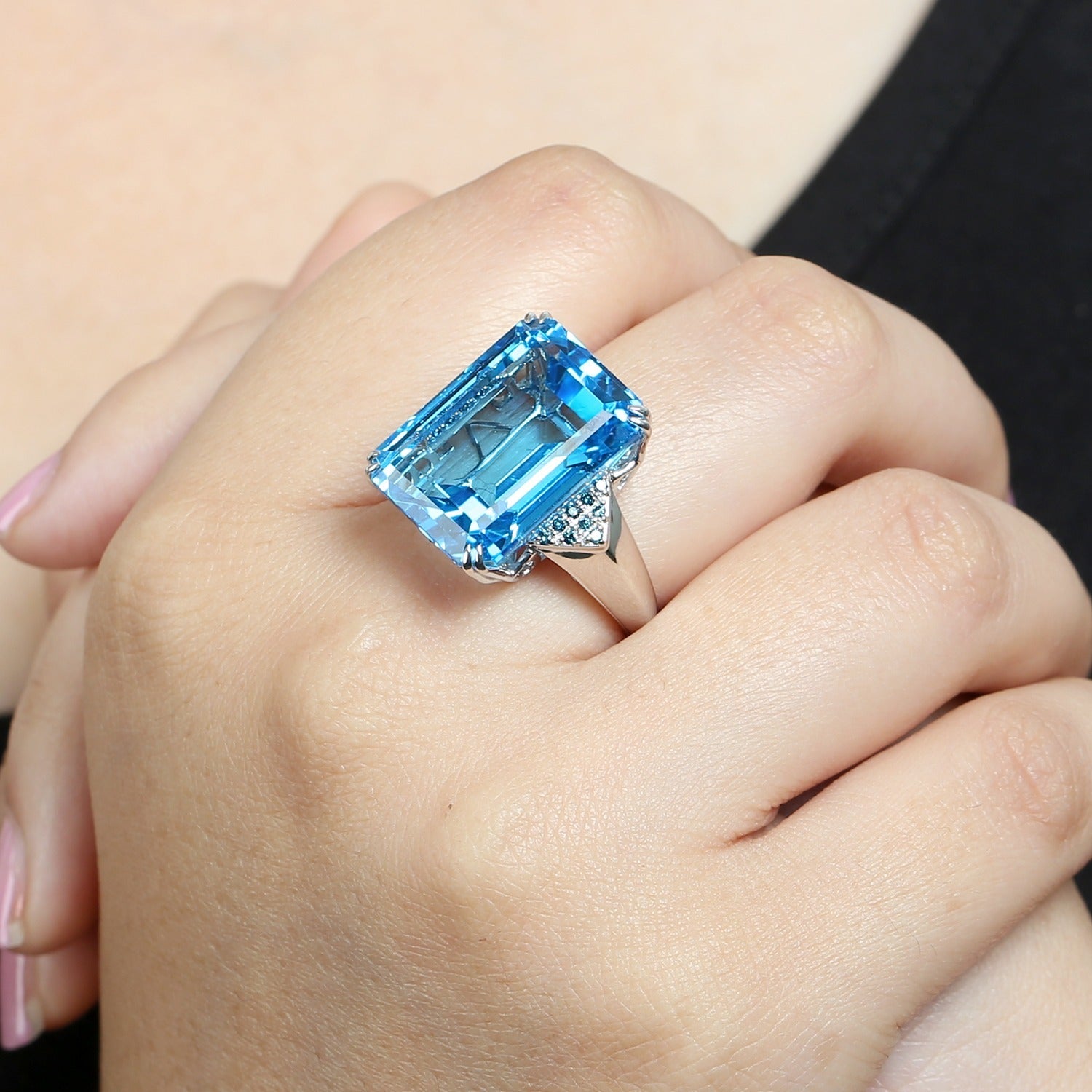 10K White Gold Natural Diamond Blue Topaz Cocktail Ring Handmade Jewelry -  - Aureus Boutique