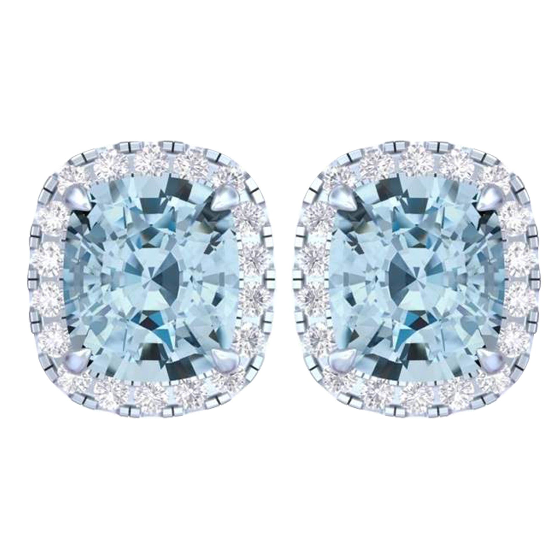 14k White Gold Vivid Blue Cushion Cut 5.5 CT Lab-grown Diamond Halo Stud Earrings
