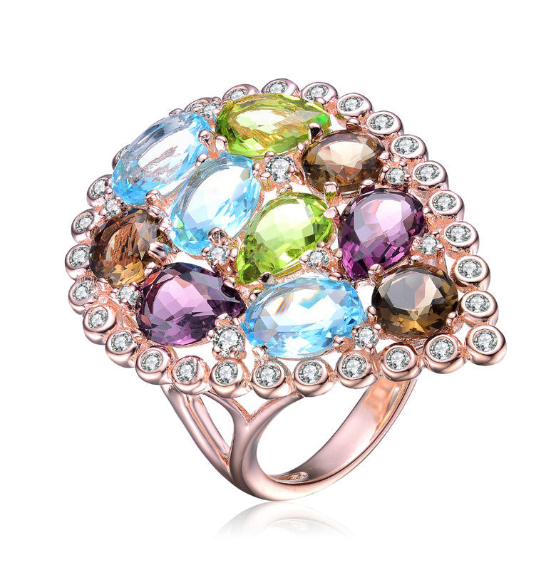 GENEVIVE Sterling Silver Rose Gold Plated Multi Colored Cubic Zirconia Cocktail Ring