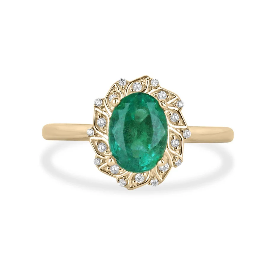 10K Gold 1.6 CT.T.W. Oval Cut Natrual Emerald & Diamond Floral Inspired Halo Engagement Band H Color VS Clarity