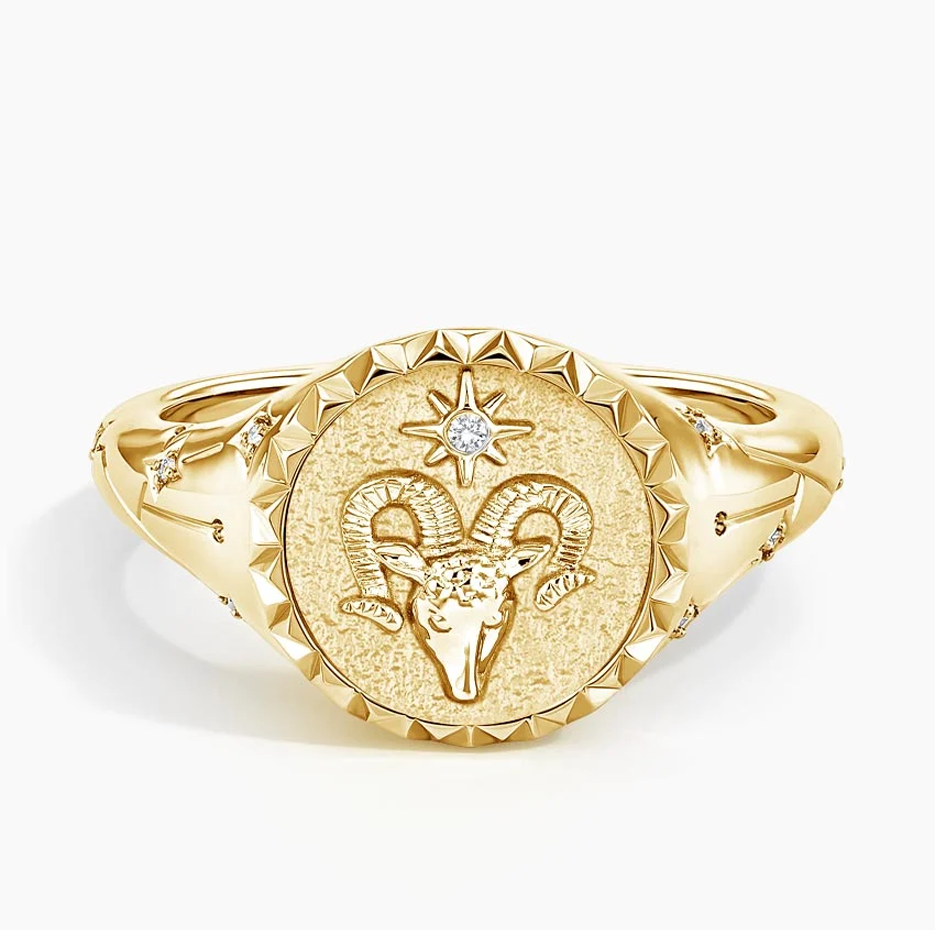 10K Gold Aries Zodiac 0.02 CT.T.W. Round Natrual Diamond Signet Band