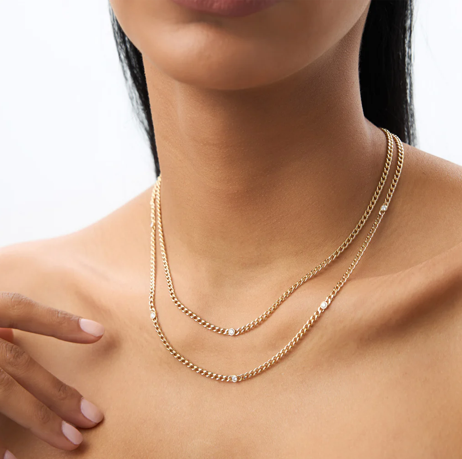 10K Gold Bezel Setting Diamond Cuban Link Necklace