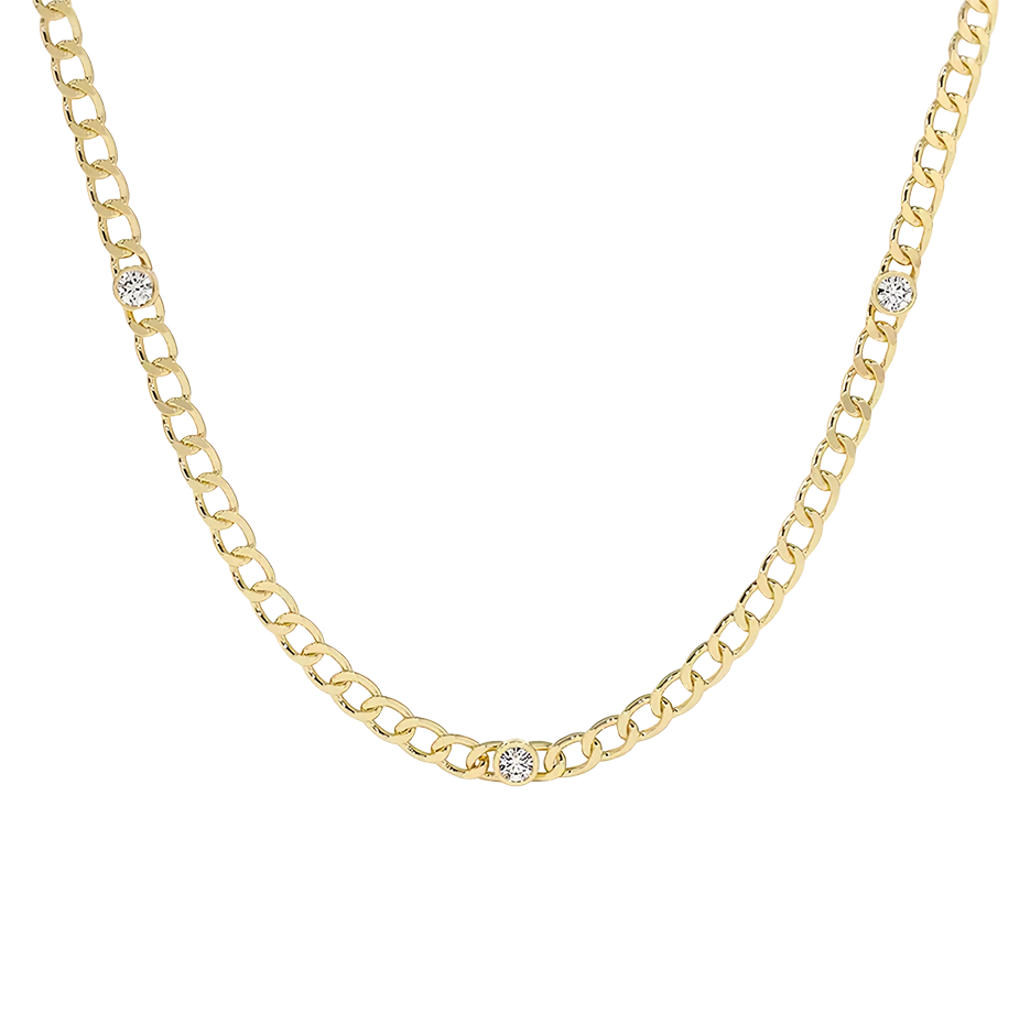 10K Gold Bezel Setting Diamond Cuban Link Necklace