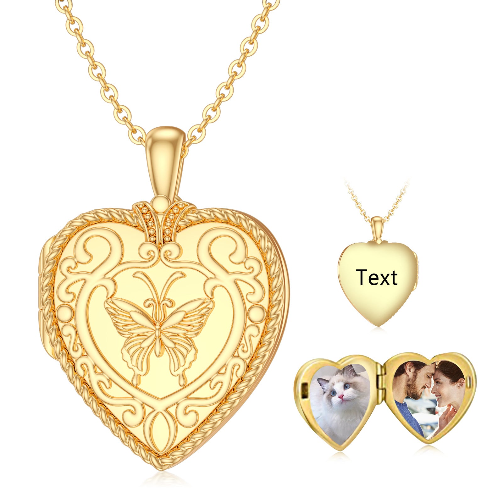 10K Gold Butterfly & Heart Personalized Photo Locket Necklace