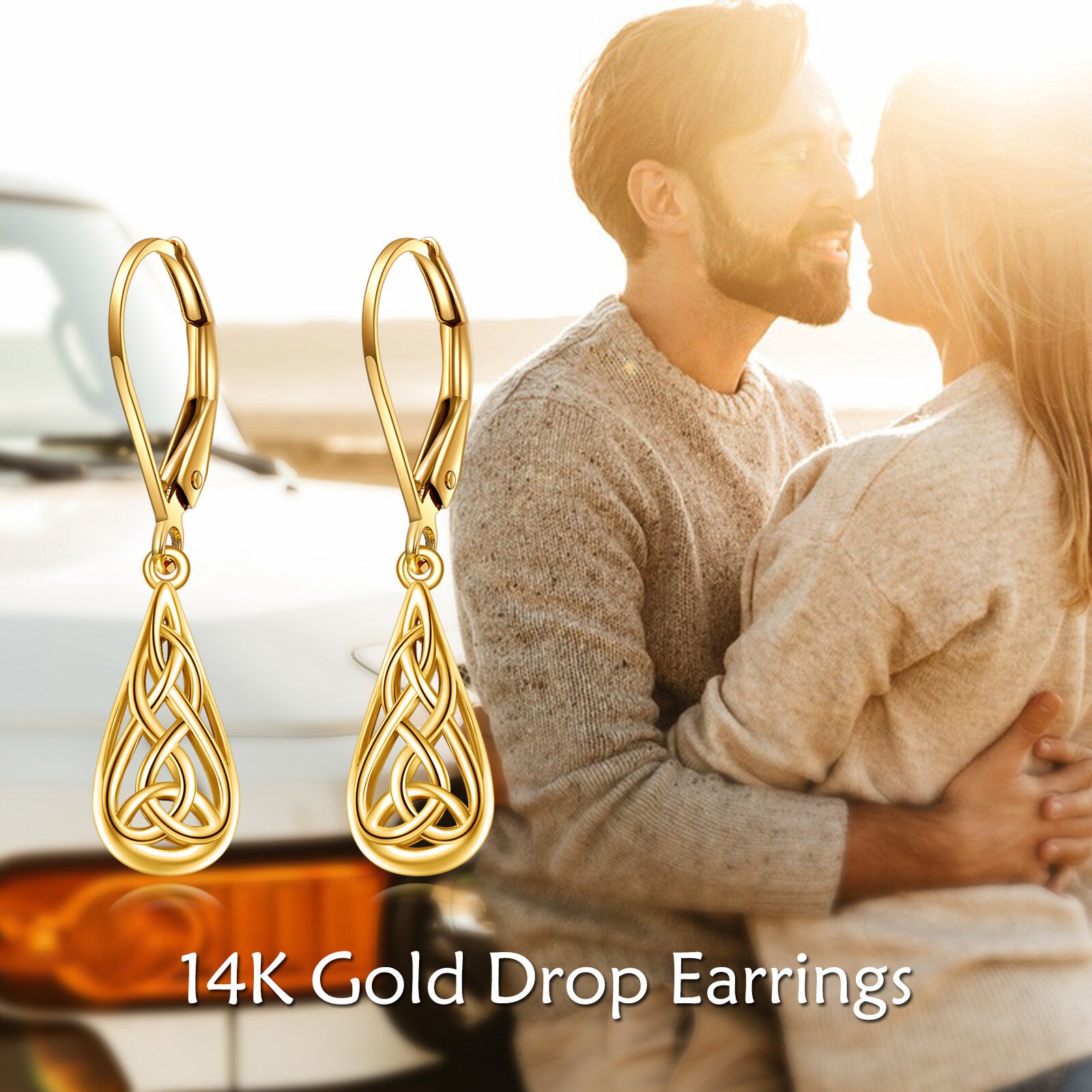 10K Gold Celtic Knot & Drop Shape Drop Earrings