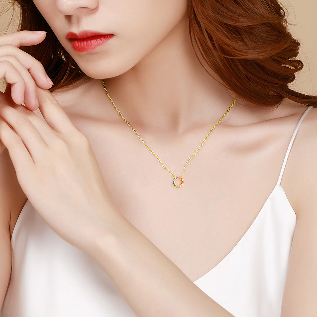 10K Yellow Gold Cubic Zirconia Circle Circle Pendant Necklace For Women