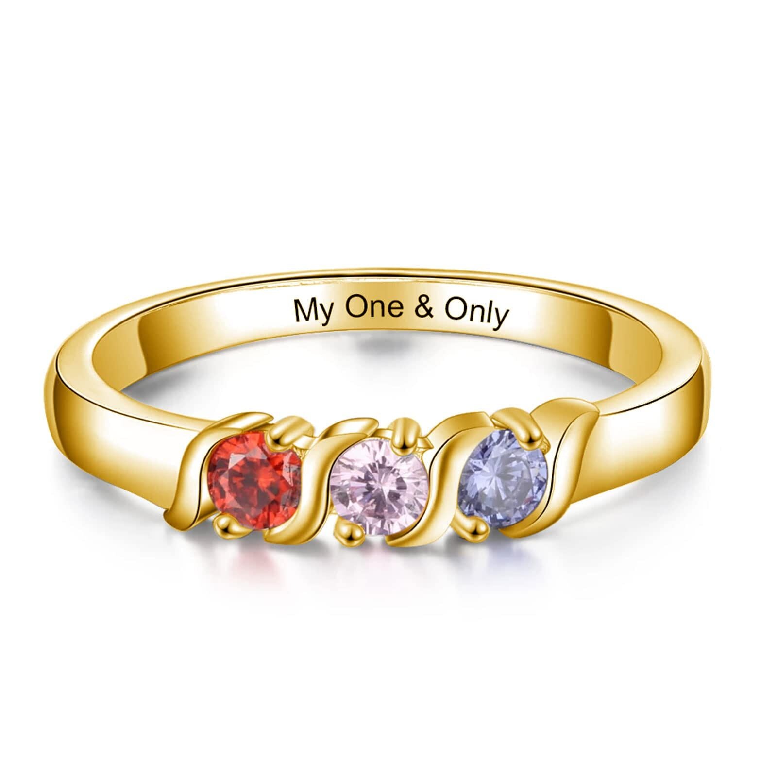10K Gold Round Cubic Zirconia Personalized Birthstone and Engraving Ring