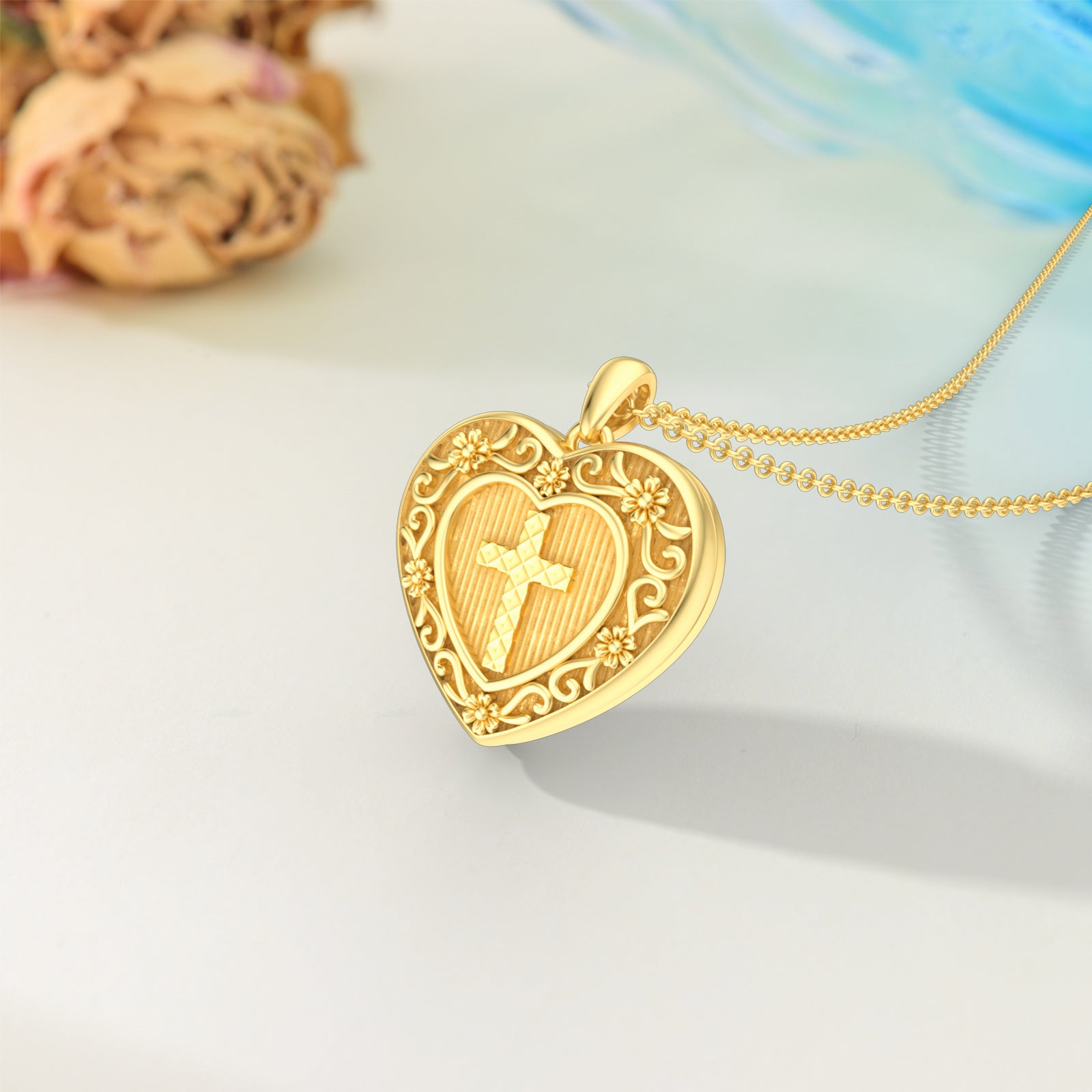 10K Gold Cross & Heart Personalized Photo Locket Necklace