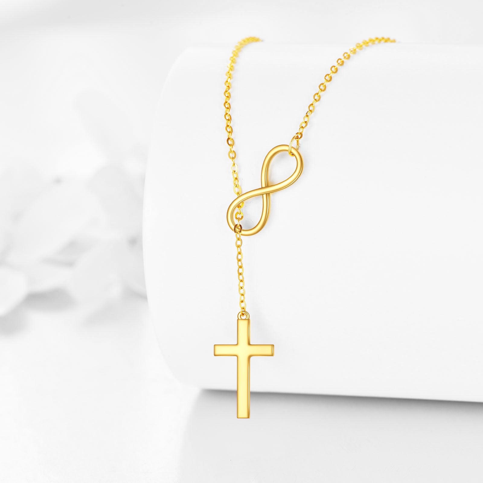 10K Gold Cross & Infinity Symbol Non-adjustable Y-Necklace