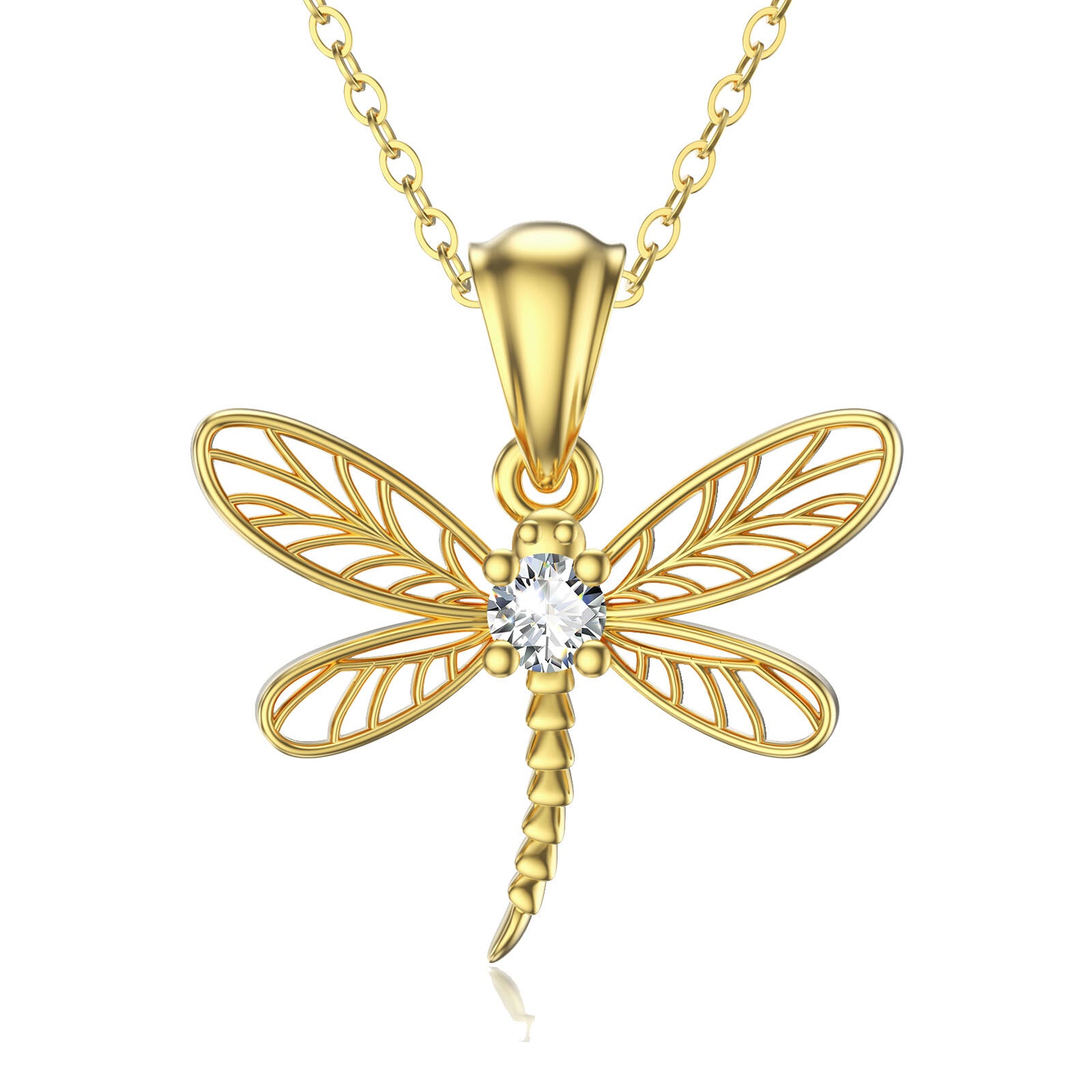 10K Gold Cubic Zirconia Dragonfly Pendant Necklace
