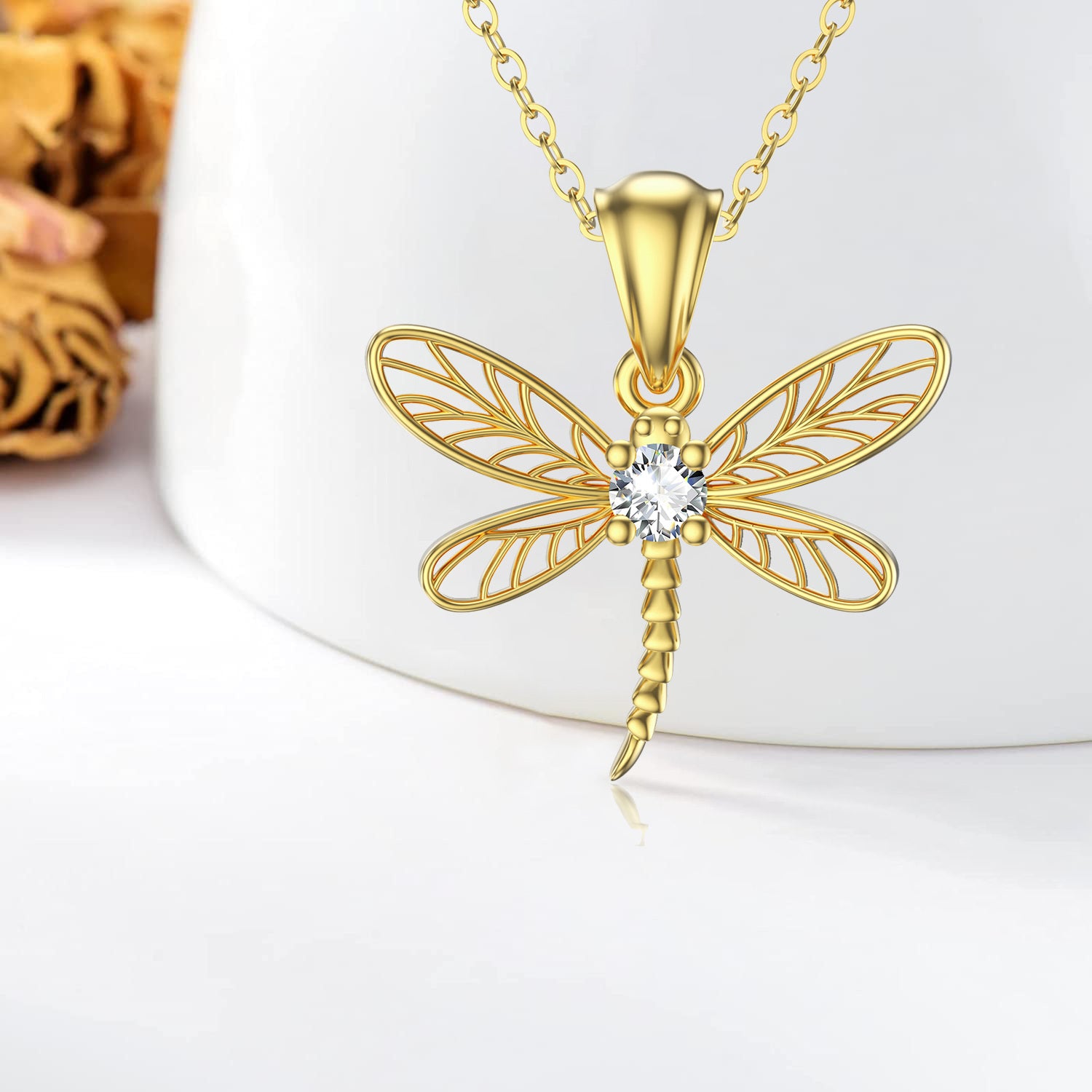 10K Gold Cubic Zirconia Dragonfly Pendant Necklace