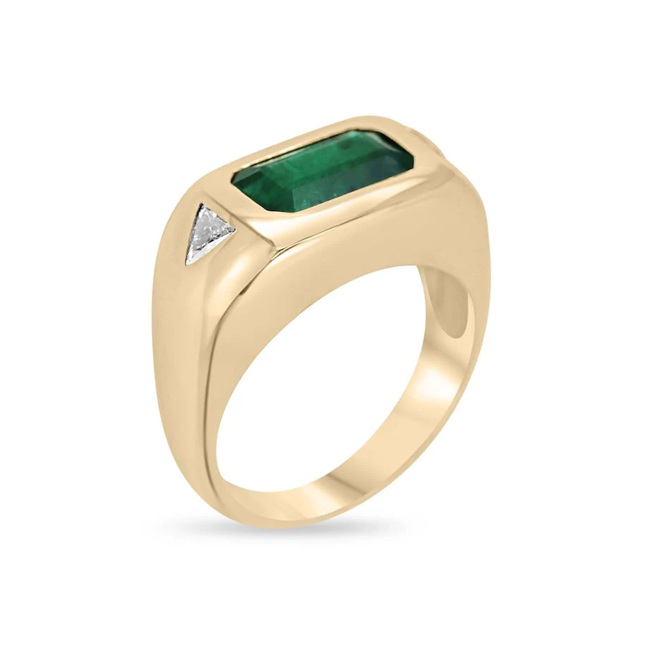 10K Gold East to West Rich Forest 3.75 CT.T.W. Green Emerald & Diamond Triangle Three Stone Ring