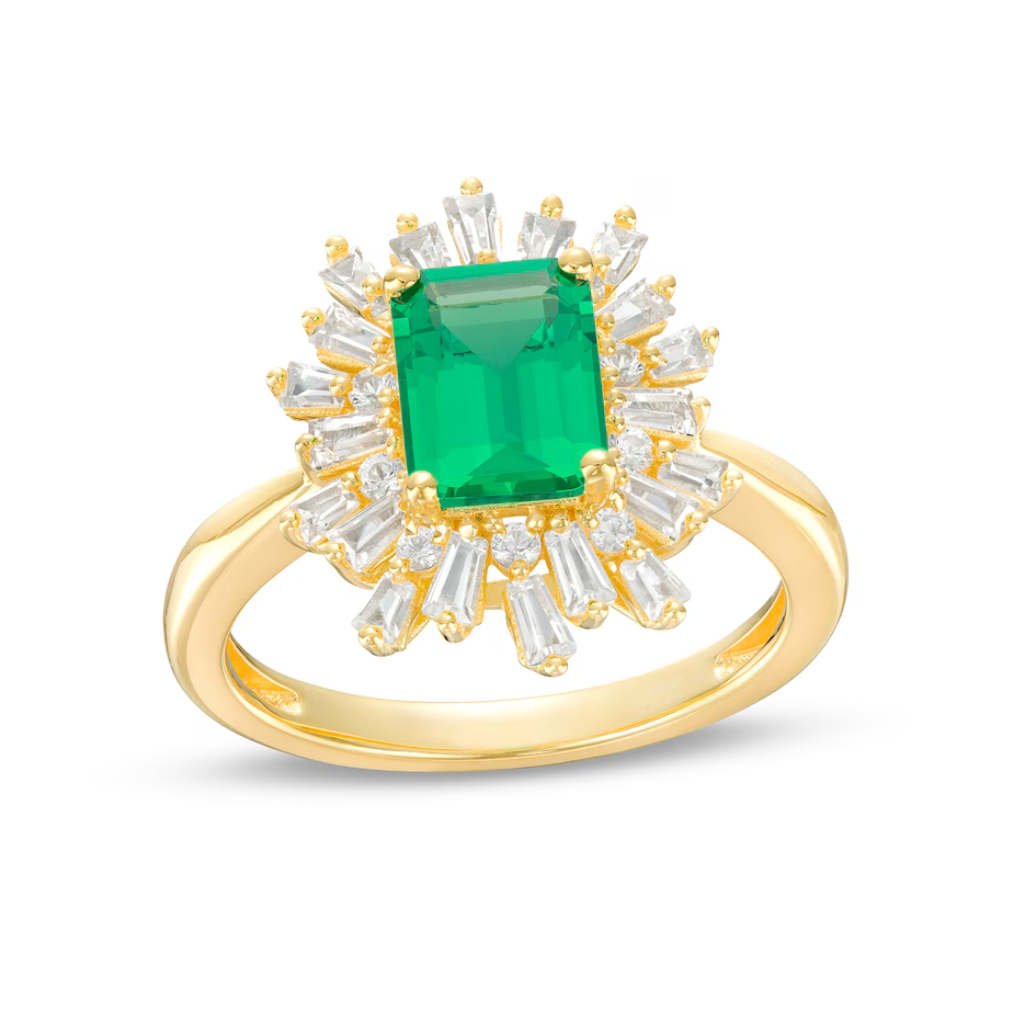 10K Gold Emerald Cut Emerald & Diamond Starburst Frame Engagement Band