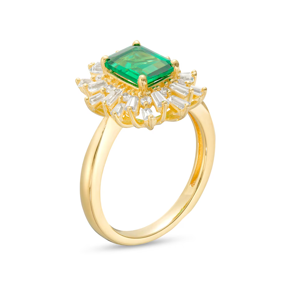 10K Gold Emerald Cut Emerald & Diamond Starburst Frame Engagement Band