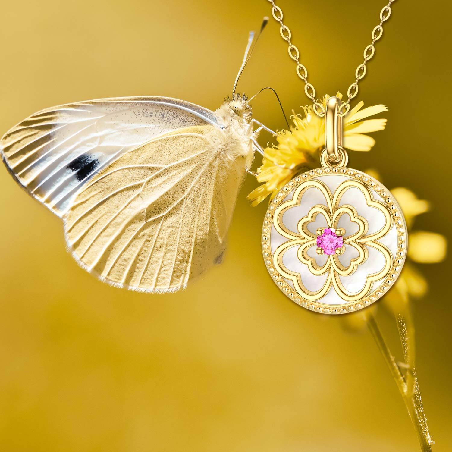 10K Gold Cubic Zirconia Four Leaf Clover Pendant Necklace