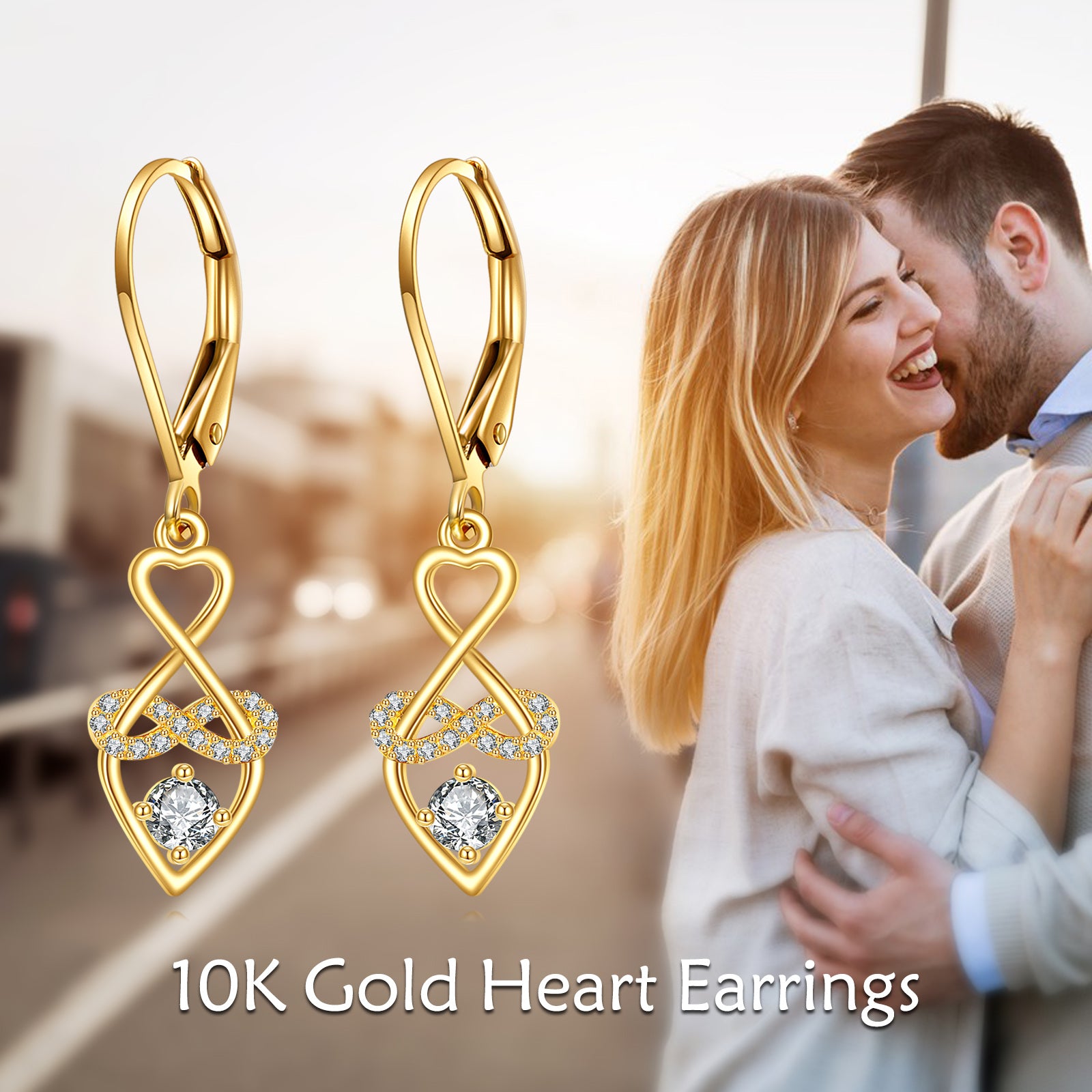 10K Gold Cubic Zirconia Heart Drop Earrings