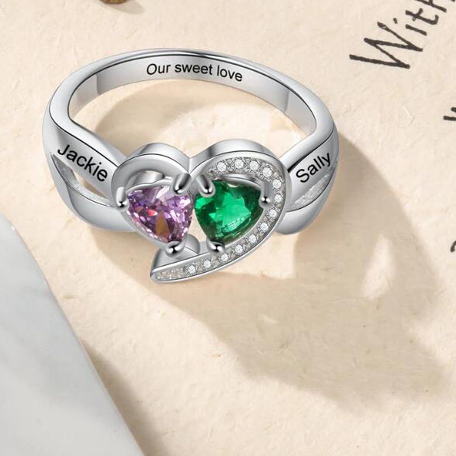10K Gold Heart Personalised Birthstone & Personalised Engraving Ring For Women