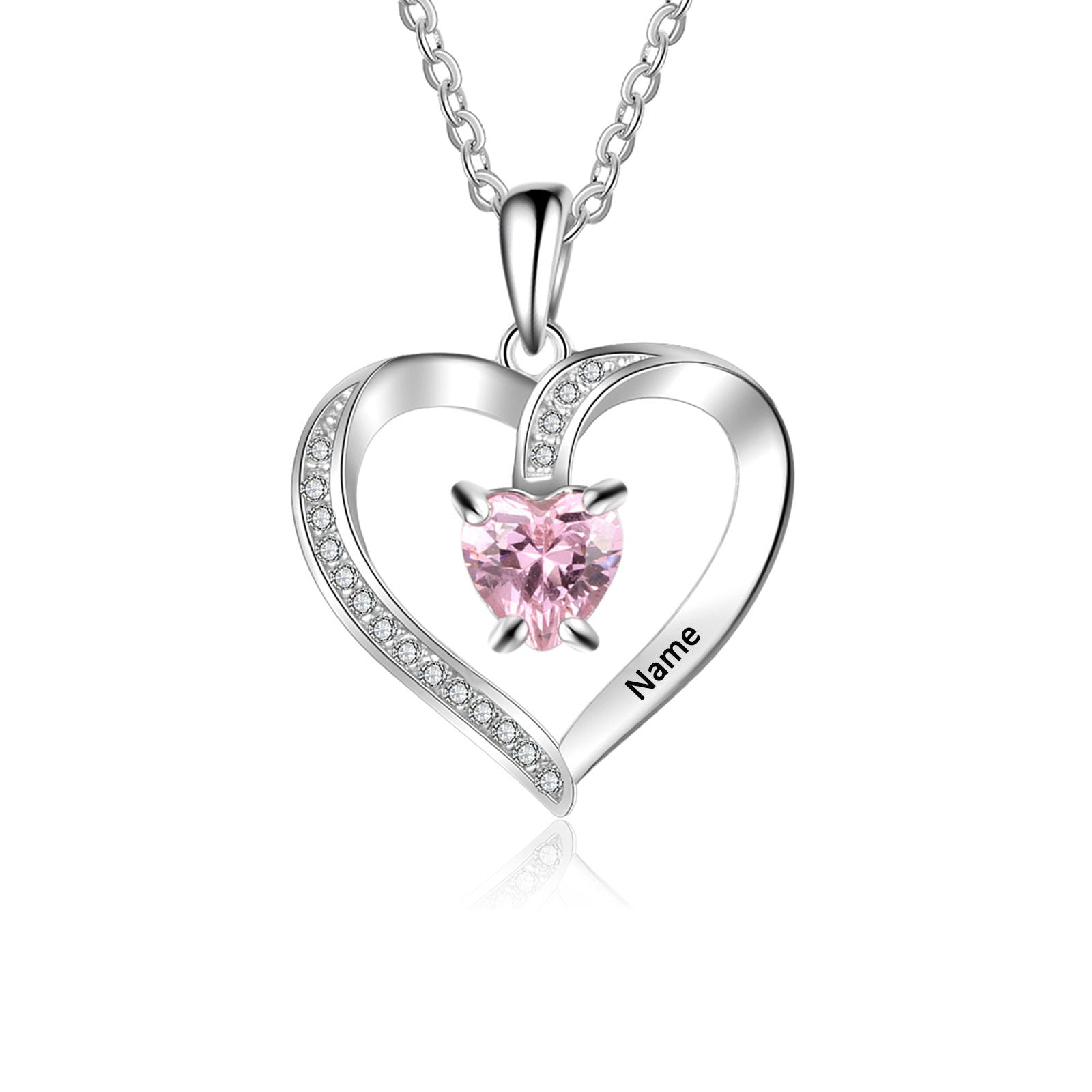 14K White Gold Heart Cut Personalized Birthstone Engraving & Mother Pendant Necklace