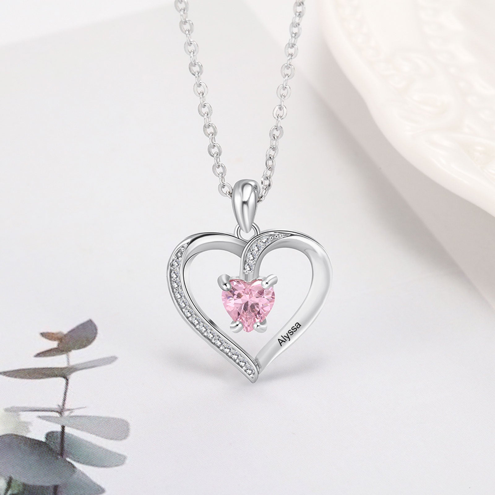 14K White Gold Heart Cut Personalized Birthstone Engraving & Mother Pendant Necklace