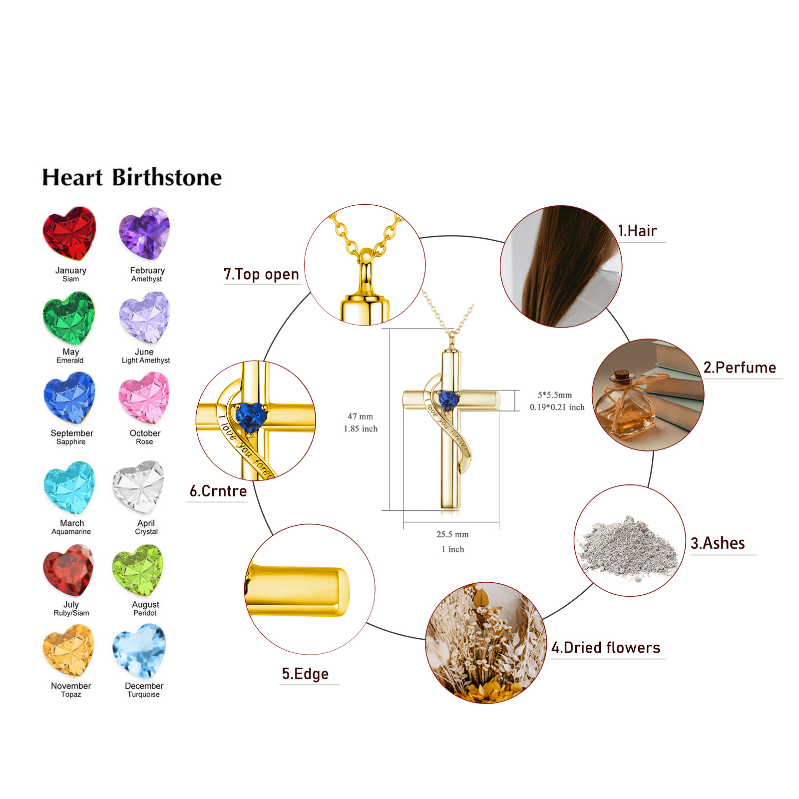 10K Gold Cross & Heart Urn Necklace For Ashes With September Birthstone Engraved I Love You Forever