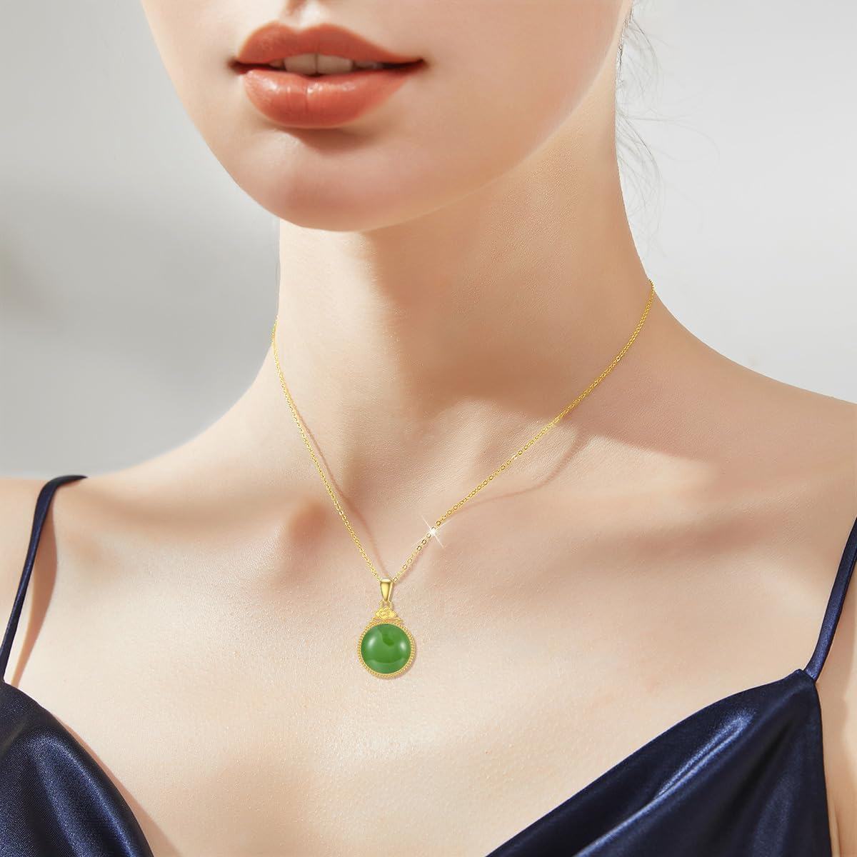 10K Gold Jade Round Necklace for Women