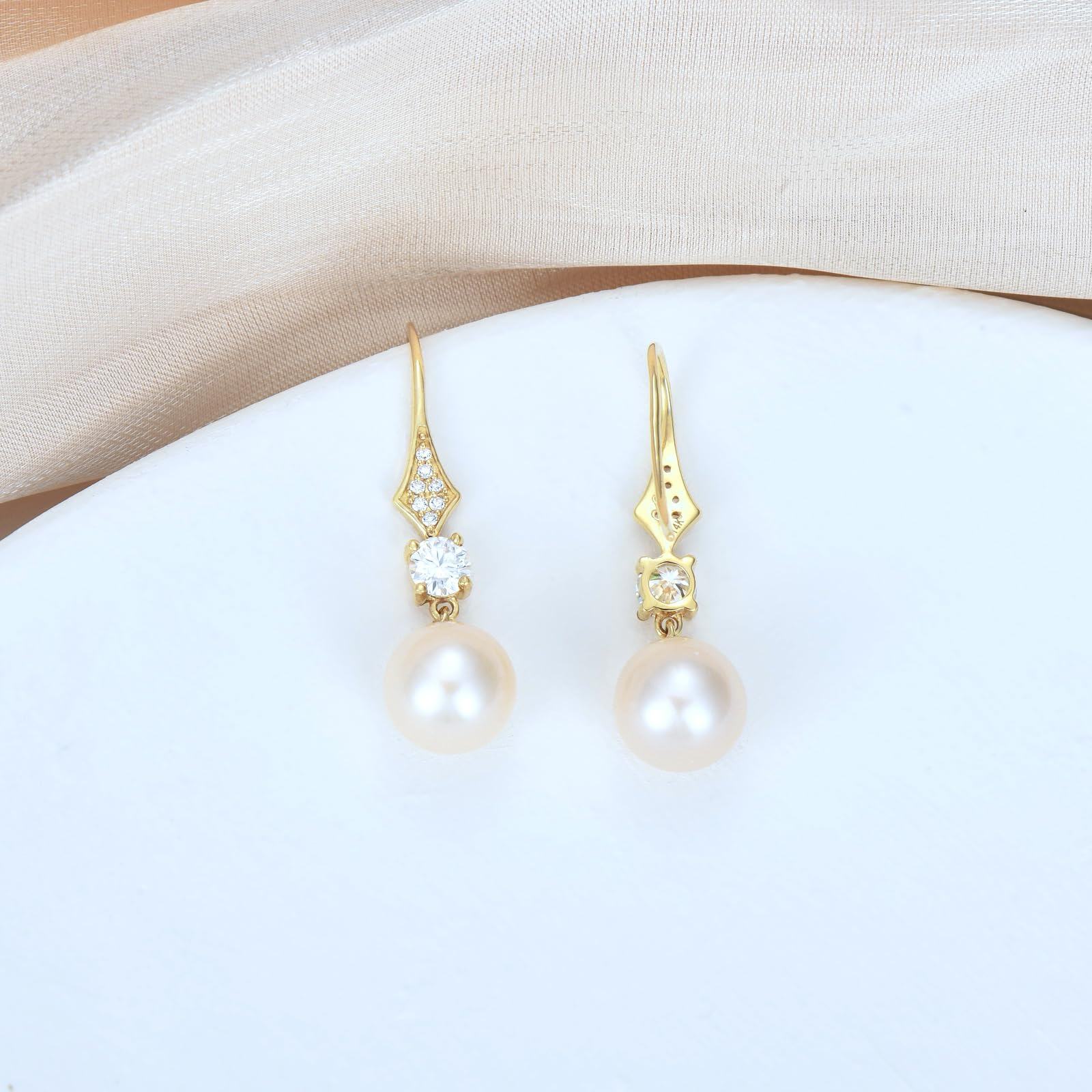 10K Gold Moissanite & Pearl Bead Drop Earrings