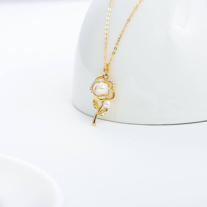 10K Gold Moissanite & Pearl Rose Pendant Necklace