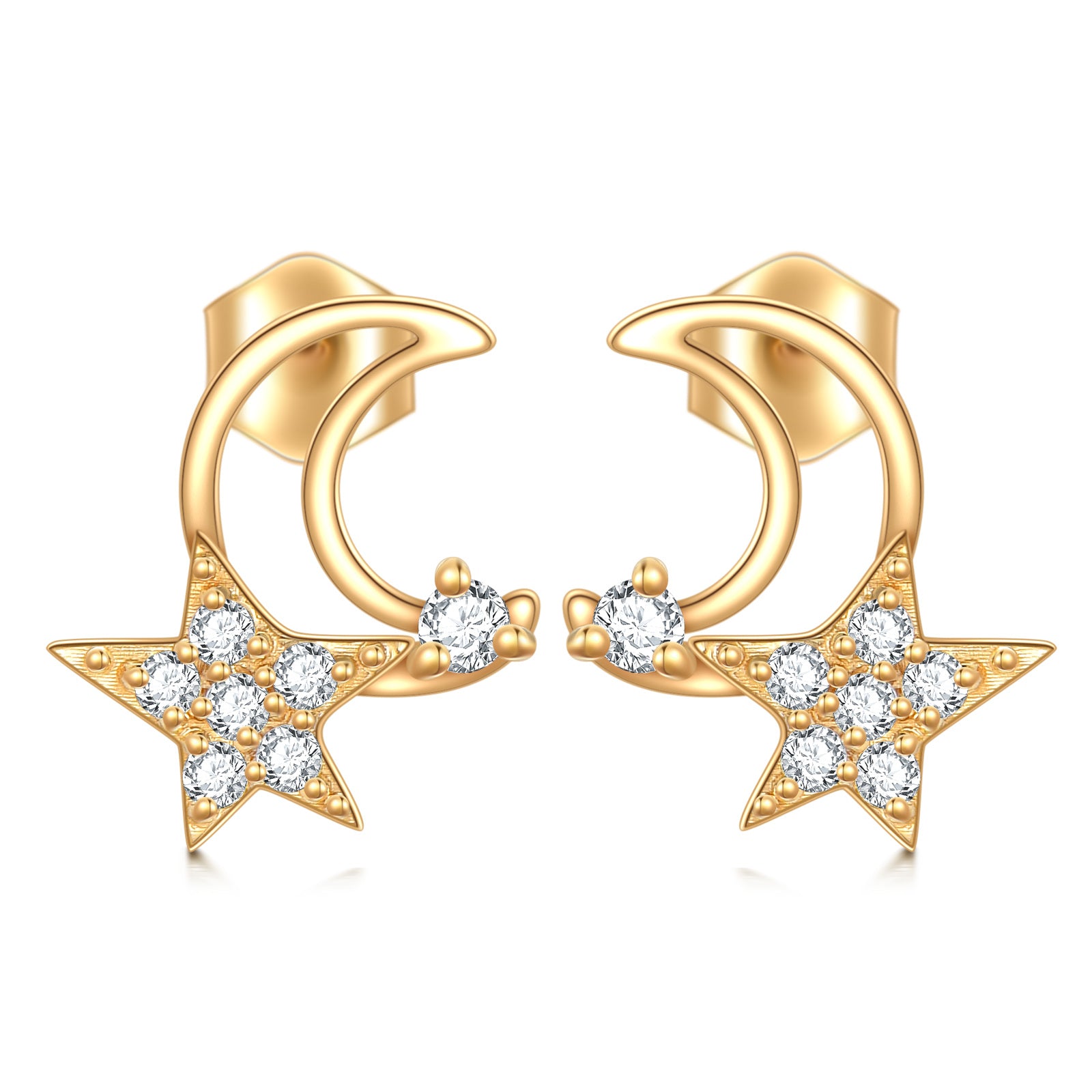 10K Gold Cubic Zirconia Moon & Star Stud Earrings