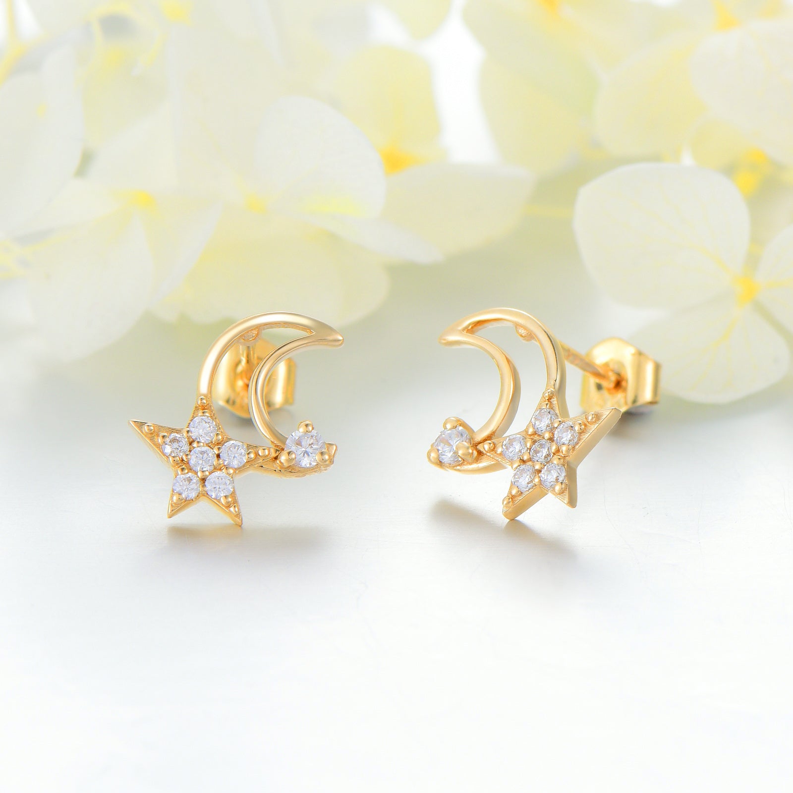 10K Gold Cubic Zirconia Moon & Star Stud Earrings