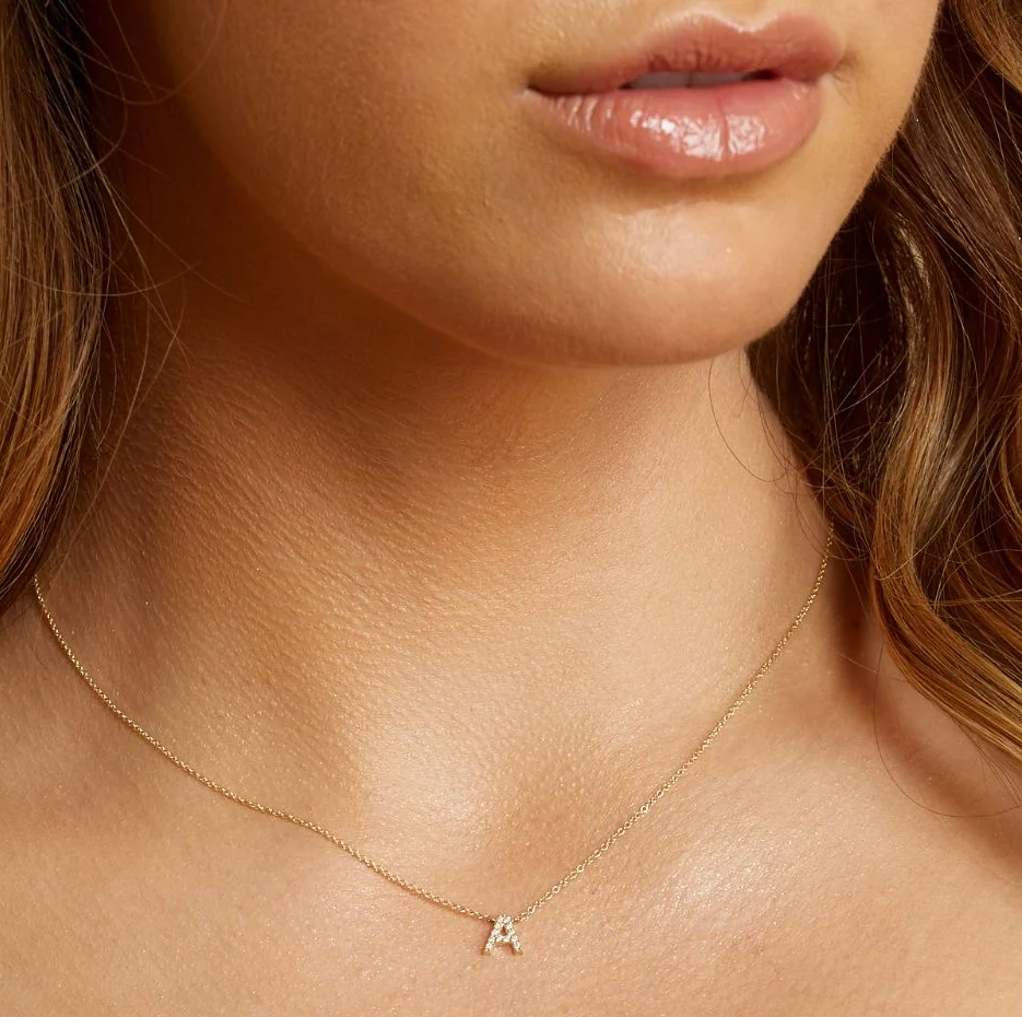 10K Gold Natrual Diamond Pave Letter Pendant Necklace