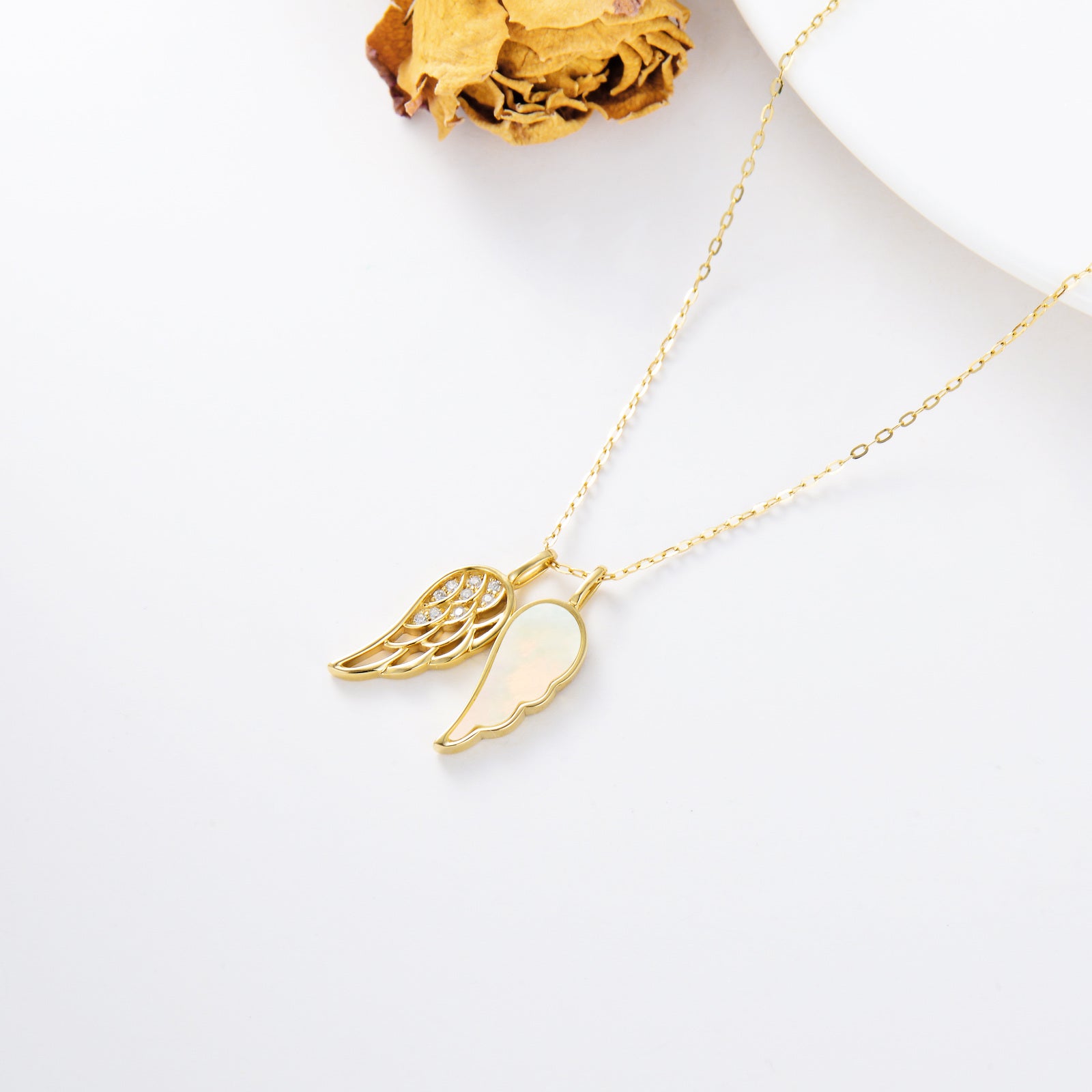 10K Gold Opal Angel Wings Pendant Necklace