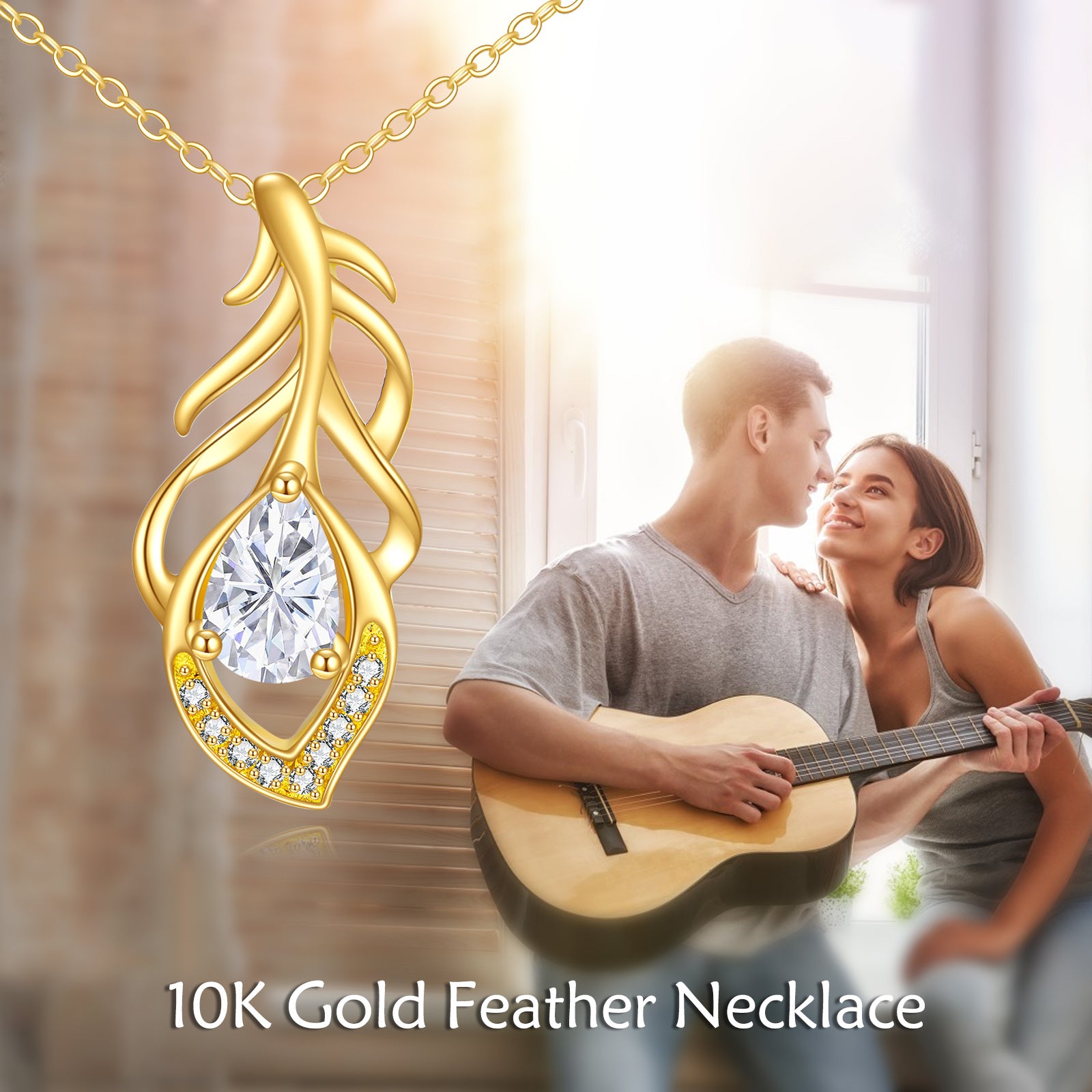 10K Gold Pear Cubic Zirconia Feather Pendant Necklace
