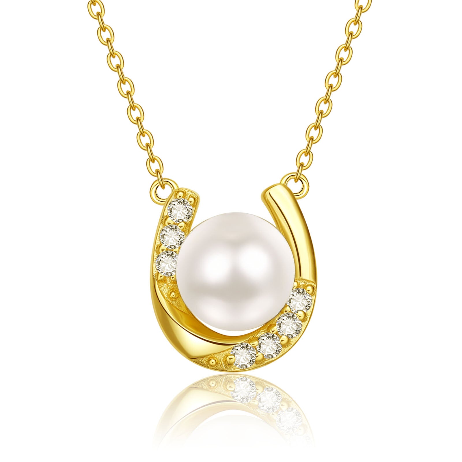 10K Gold Pearl With Cubic Zirconia Horseshoe Pendant Necklace For Women