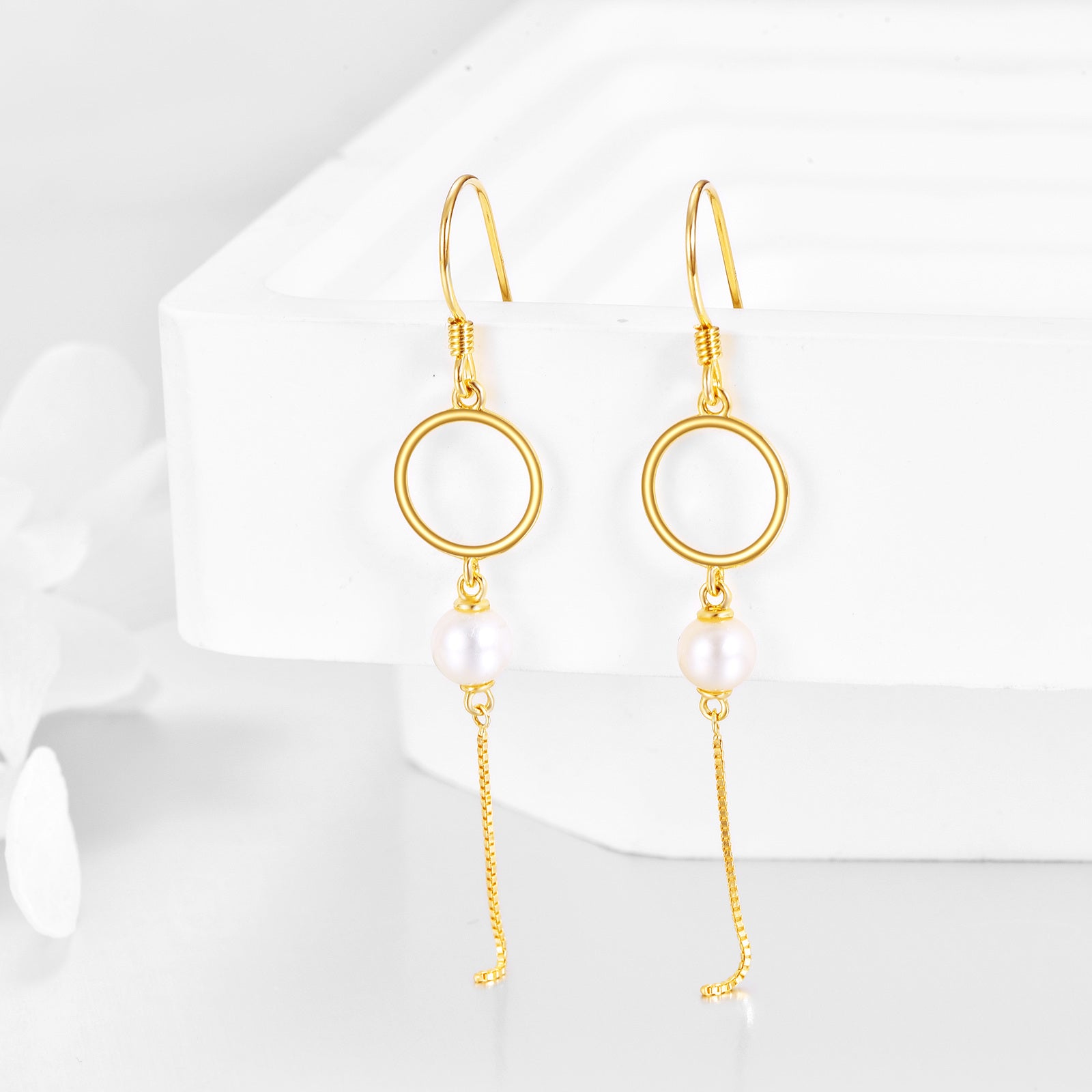 10K Gold Pearl Circle Drop Earrings