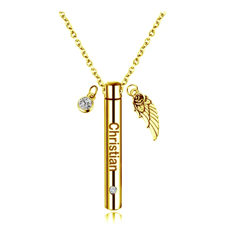10K Gold Personalized Birthstone Name & Angel Wing Urn Necklace For Ashes