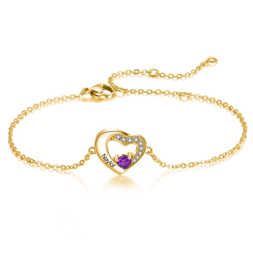 10K Gold Cubic Zirconia Personalized Birthstone & Name With Heart Charm Bracelet