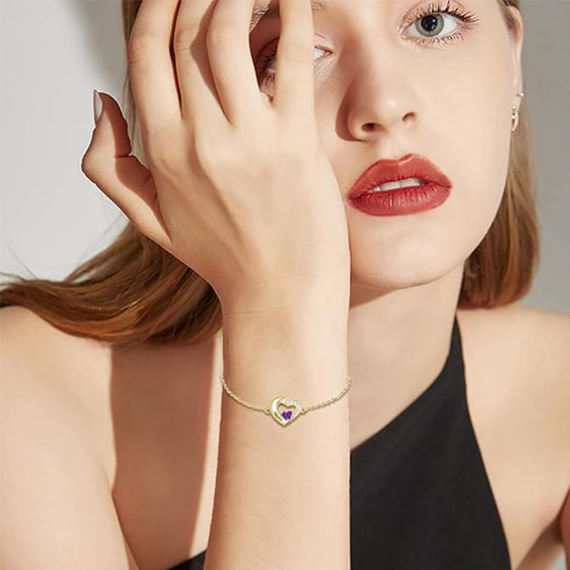 10K Gold Cubic Zirconia Personalized Birthstone & Name With Heart Charm Bracelet