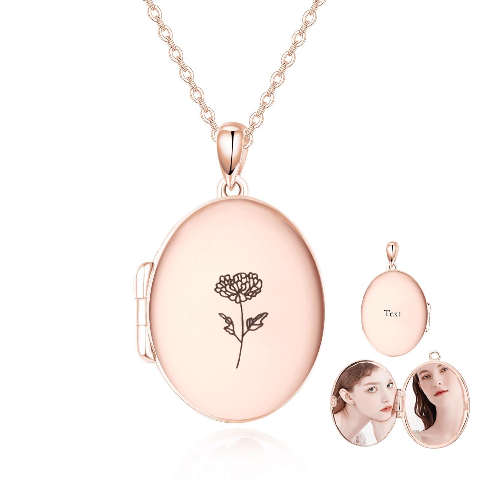 10K Gold Personalized Engraving Birth Flower Photo Locket Necklace For Women