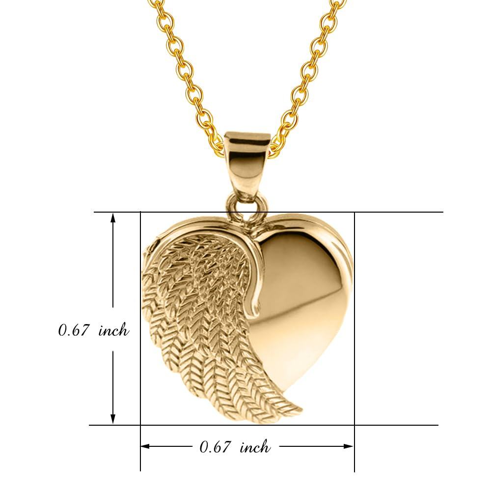 10K Yellow Gold Personalized Engraving With Personalized Photo Angel Wing Heart Urn Necklace For Ashes For Women