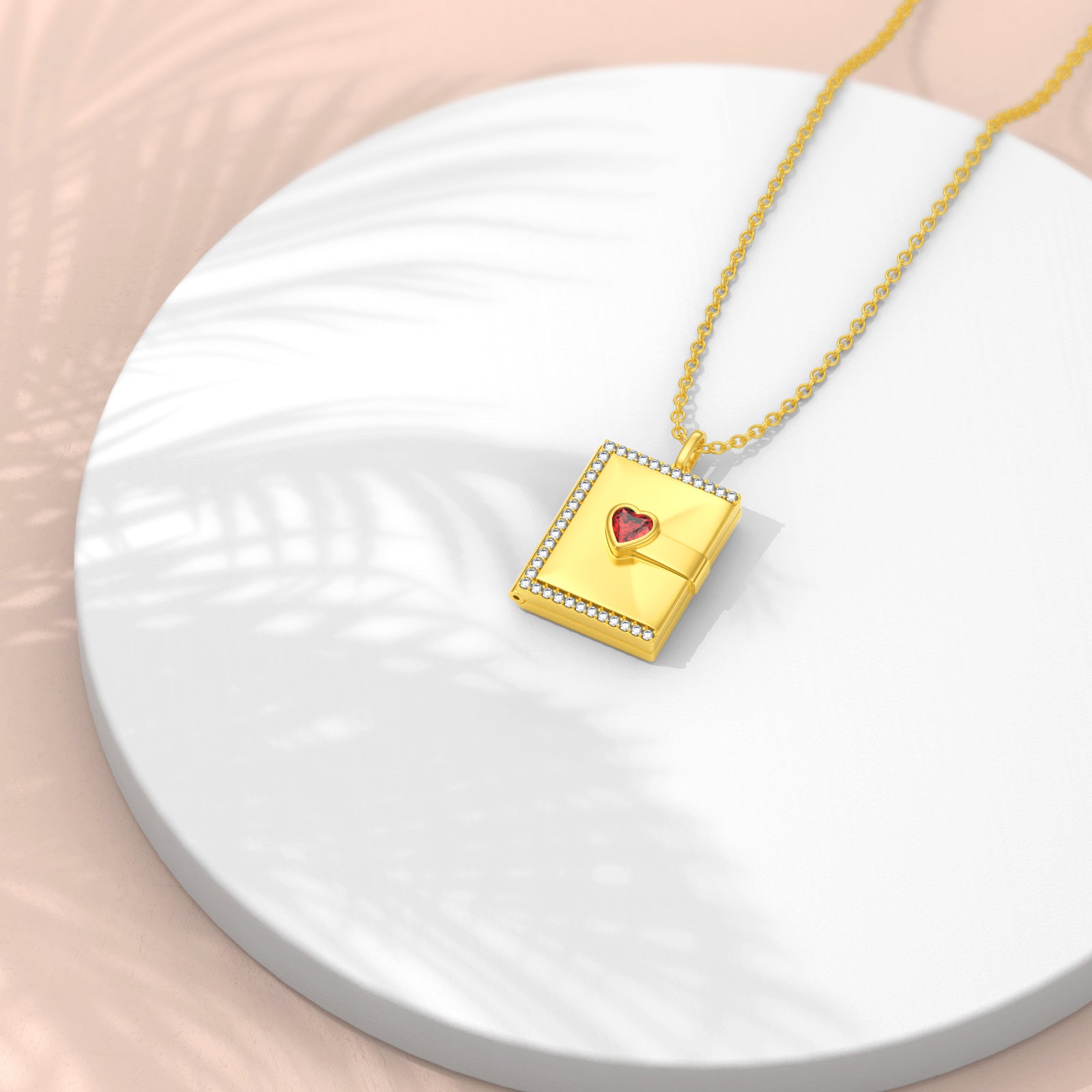 10K Yellow Gold Heart Cubic Zirconia Square Personalized Photo Locket Necklace For Women