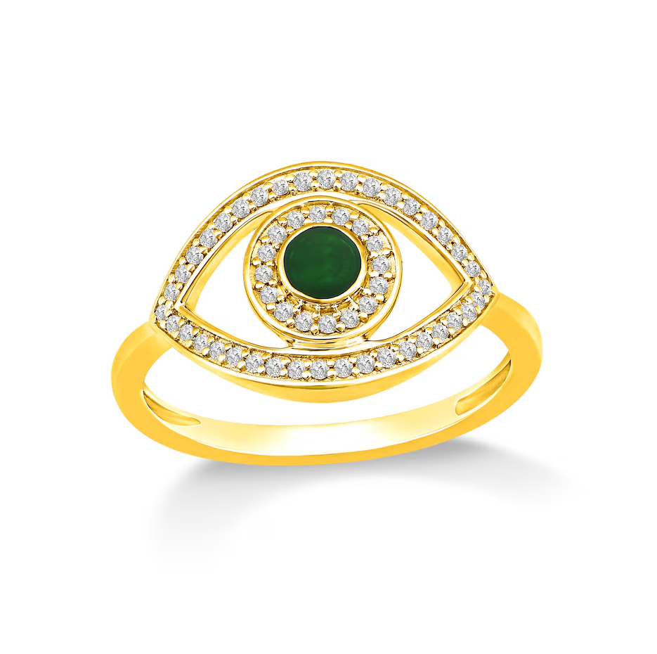10K Gold Round Cut Emerald & 0.2 CT.T.W. Diamond Evil Eye Engagement Band