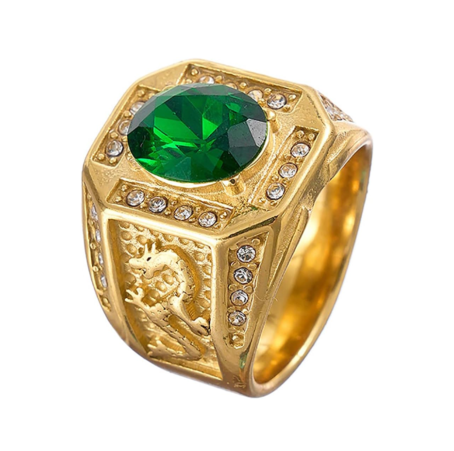10K Gold Round Cut Emerald & Natrual Diamond Dragon Signet Wedding Band Best Gift for Husband/Father/His