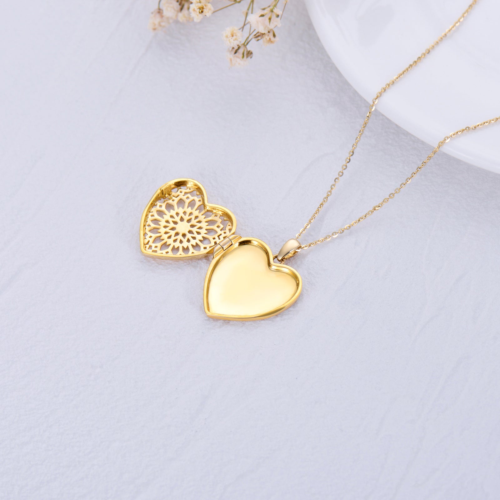 10K Gold Sunflower & Heart Personalized Photo Locket Necklace