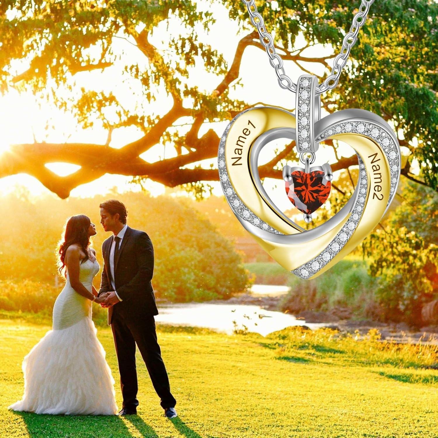 10K Gold Two-tone Cubic Zirconia Personalized Birthstone and Name Heart Pendant Necklace