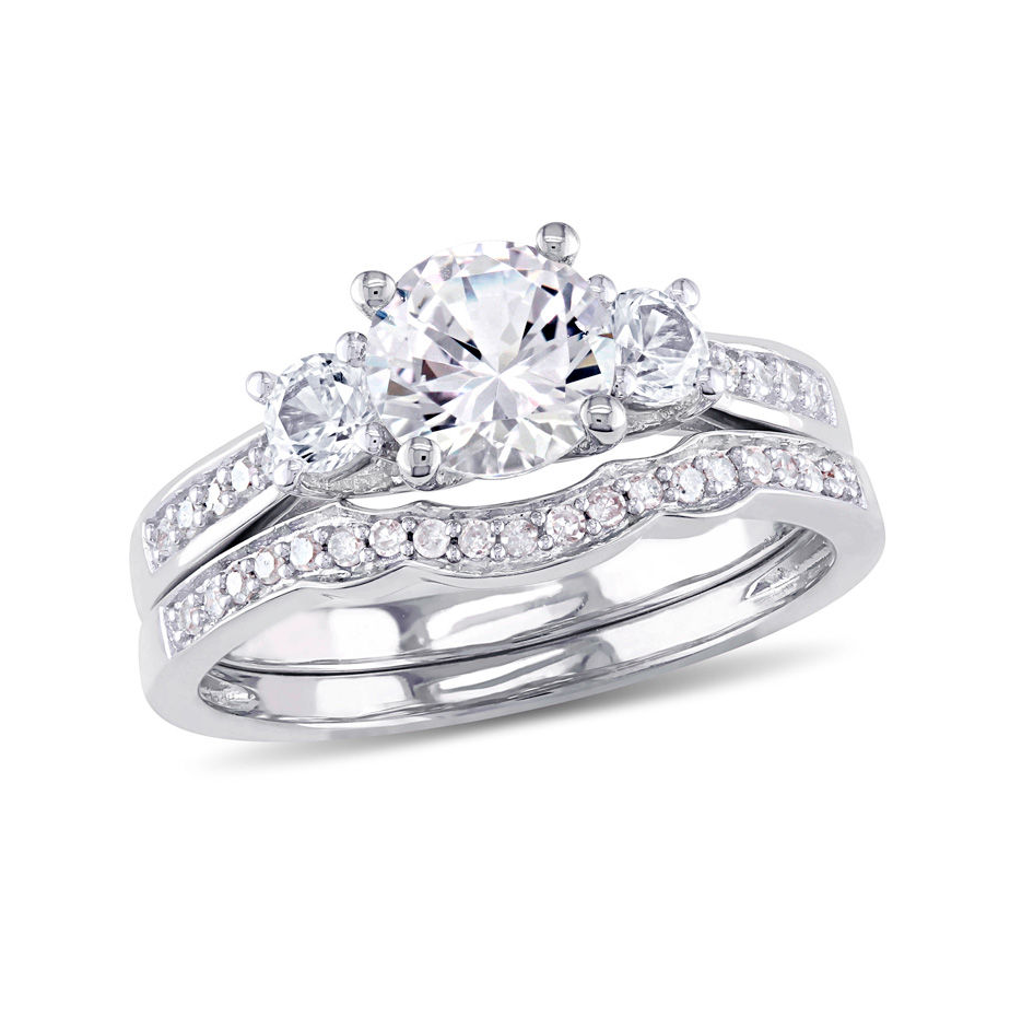10K White Gold 2.125 CT.T.W. Round Lab-Created White Sapphire Custom Three Stone Bridal Set