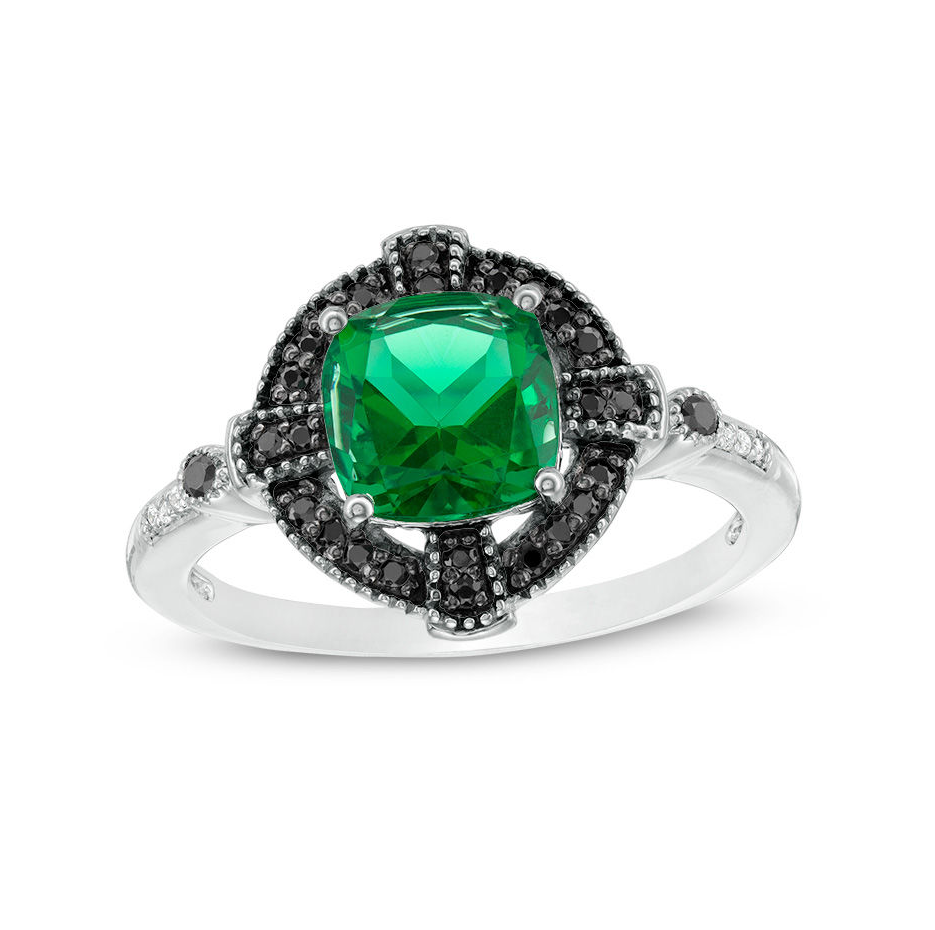 10K White Gold Cushion Cut Emerald & 0.15 CT.T.W. Black and White Diamond Gothic-Style Cross Frame Engagement Band