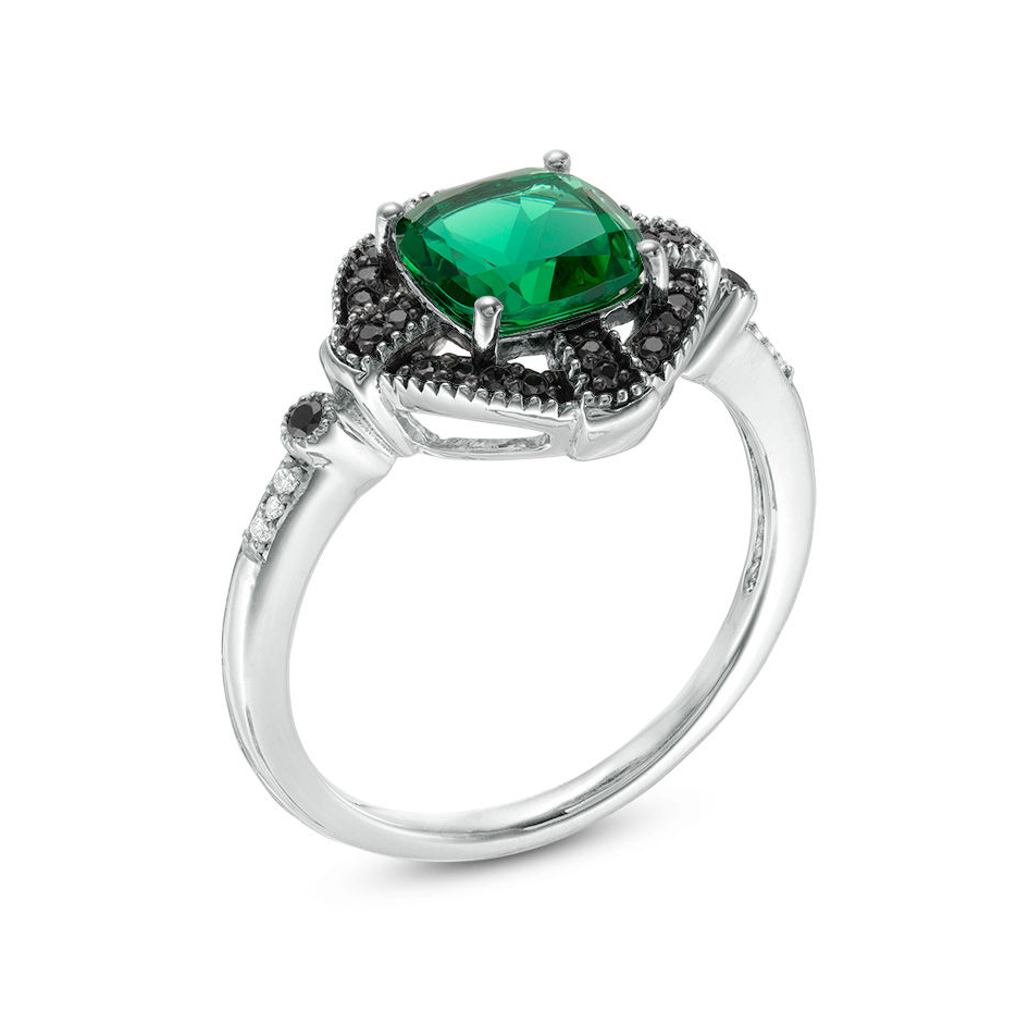 10K White Gold Cushion Cut Emerald & 0.15 CT.T.W. Black and White Diamond Gothic-Style Cross Frame Engagement Band