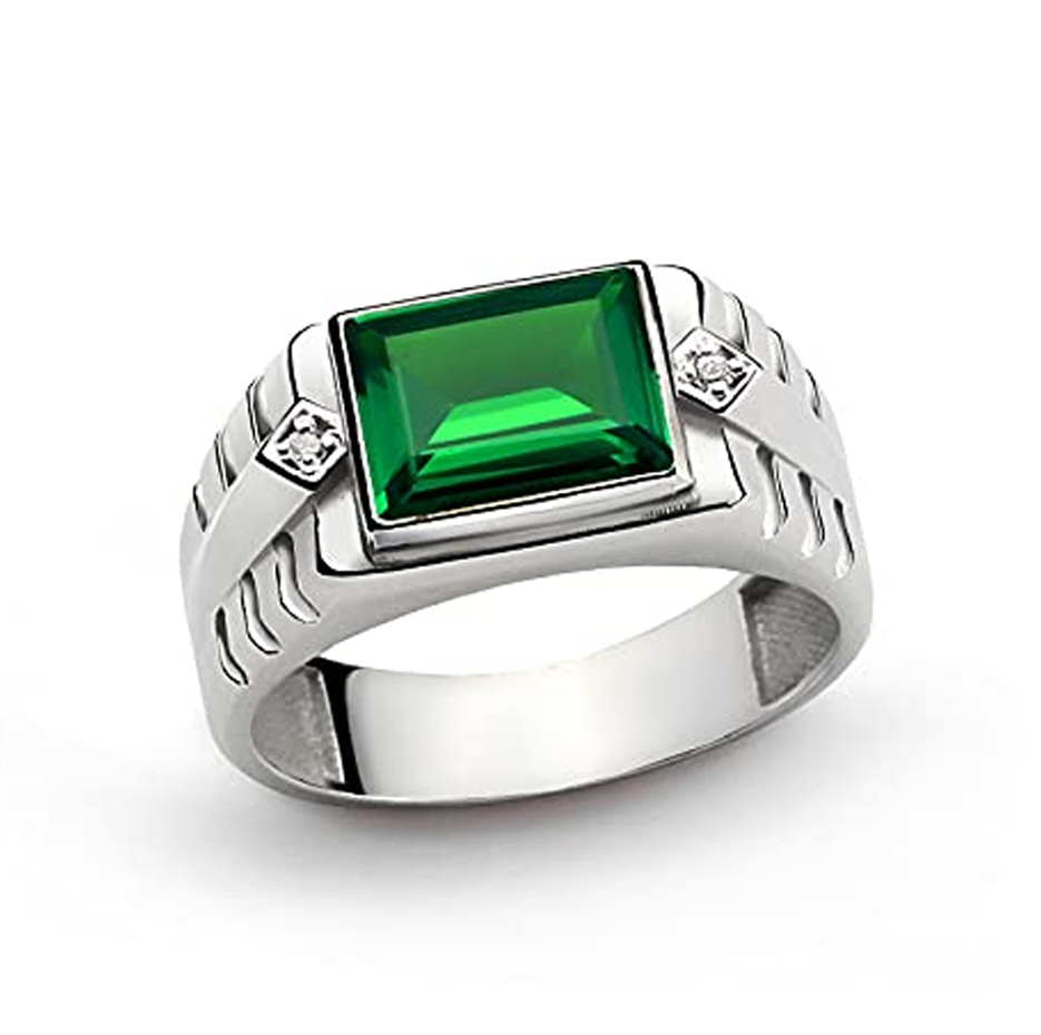 10K White Gold Emerald & 2 Diamond Accents Band Fine Jewelry for Dad Husband